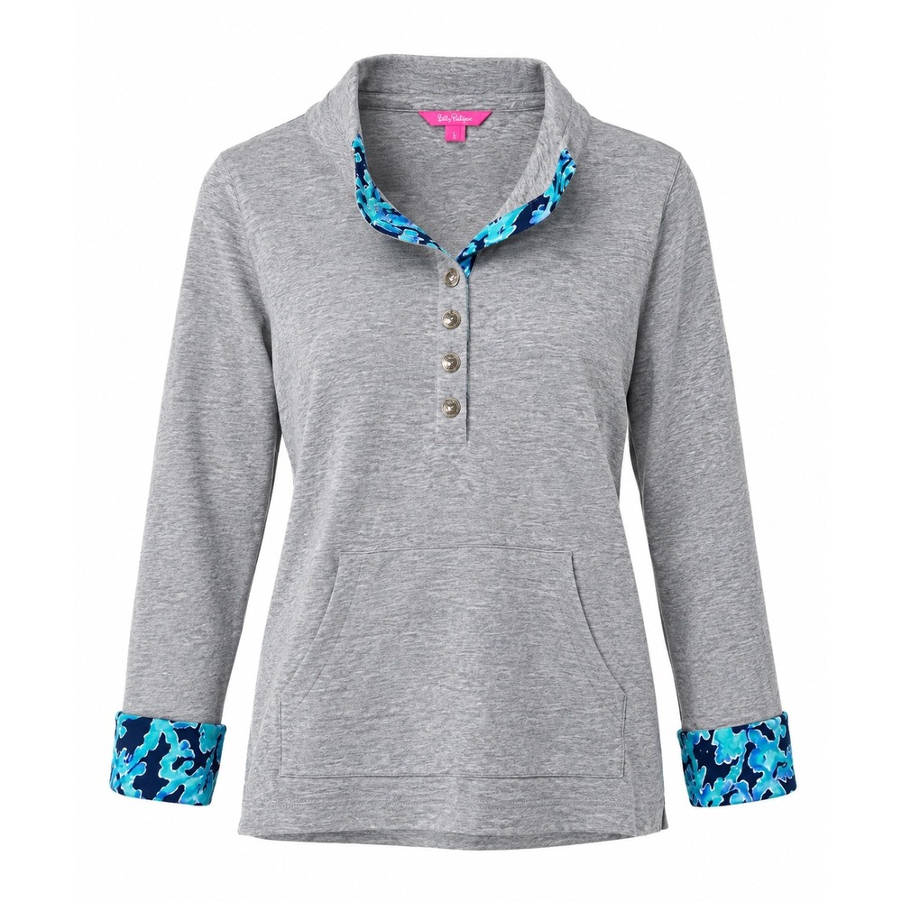 Lilly Pulitzer Skipper Popover Grey Blue Coral Print Pullover Sweatshirt Small